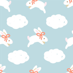 Cute Bunnies with Bows and Clouds Pattern