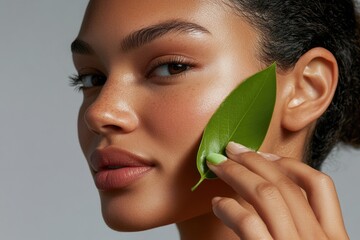 A woman with flawless skin gently holds a green leaf against her cheek, showcasing natural beauty and skincare.