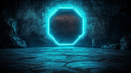 A tech background with a neon-lit octagon serves as the setting for a black surface with an embossed shape, accentuated by a blue edge that emits light, created using 3D rendering techniques