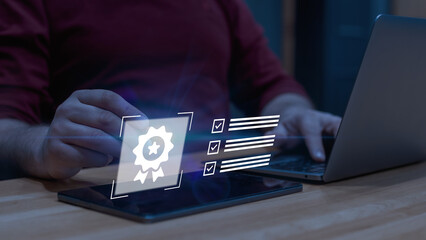 Businessman interacting with a futuristic quality assurance and certification interface on a digital tablet. Concept of digital accreditation, compliance, and business standards in modern technology.