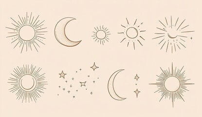 Celestial sun, moon, and star line art icons.