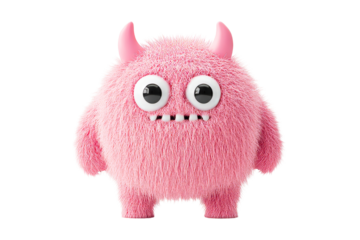 Cute pink monster with horns and big eyes, cut out transparent