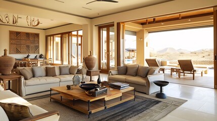 Luxurious desert resort villa living space warm earthy tone handcrafted furniture panoramic view white isolated background