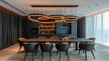 Modern dining area with contemporary lighting