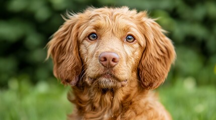 National Pet Day, Adorable Golden Cocker Spaniel Puppy Portrait Outdoors in Green Nature