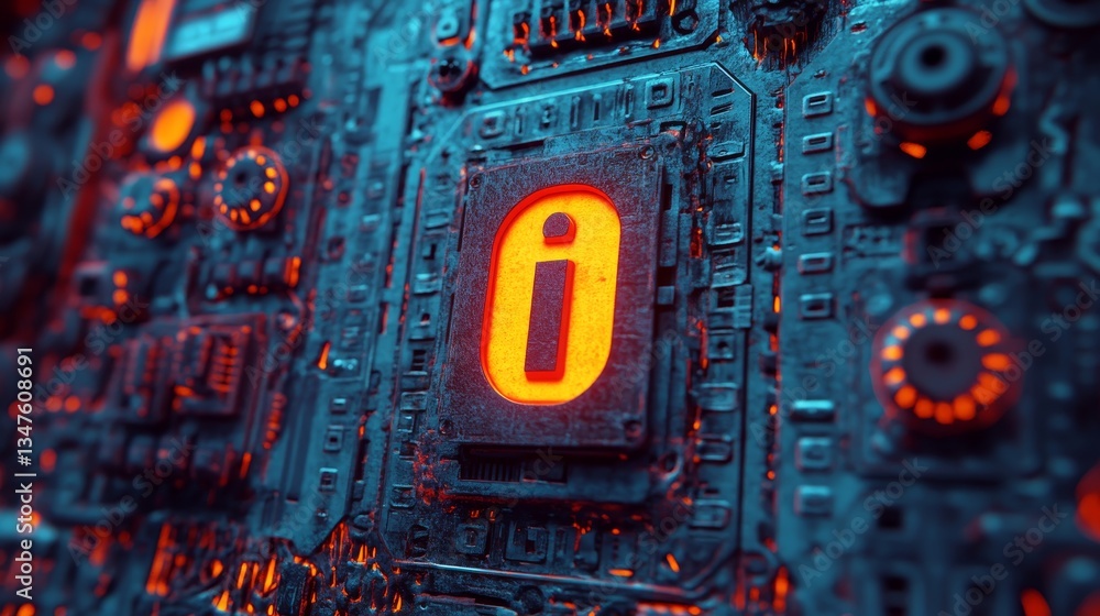 Poster in a 3d rendered scene, a microchip bearing an info symbol is situated on a futuristic motherboard, 
