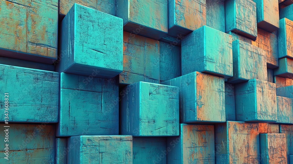 Poster translucent blocks are precisely arranged in this 3d render, which serves as a blue futuristic tech 