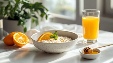 Modern Breakfast Setup with Millet Porridge, Orange Juice, and Honey