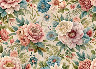 Vintage Watercolor Floral Pattern. Delicate Blooms in Pastel Hues