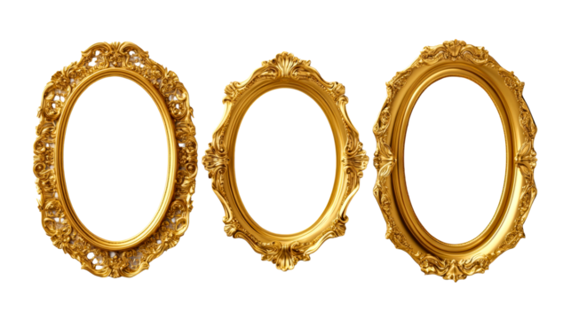 Ornate golden frames, elegant designs, antique, and luxurious, cut out transparent