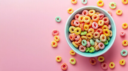Colorful Fruit Loops in Bowl on Pastel Pink Background with Scattered Cereal