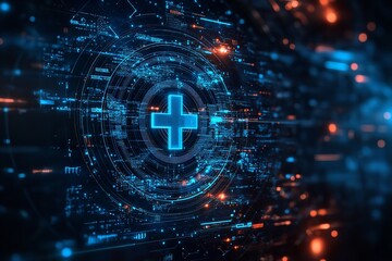 Abstract Futuristic Background with Blue Digital Tech and Medical Cross Symbol