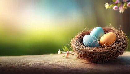 Obraz premium easter eggs in a nest soft blurred background copy space