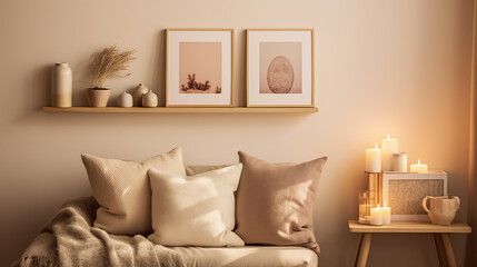 Cozy candlelit corner with neutral decor