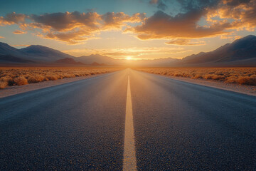 Fototapeta premium Sun setting on a winding road, casting long shadows.