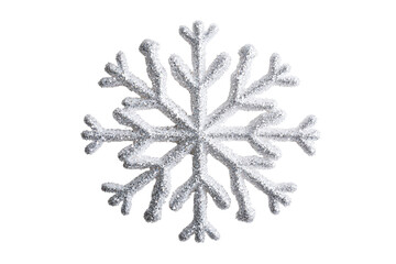 Decorative silver snowflake ornament with glitter, festive cutout transparent