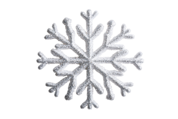 Decorative silver snowflake ornament with glitter, festive cutout transparent