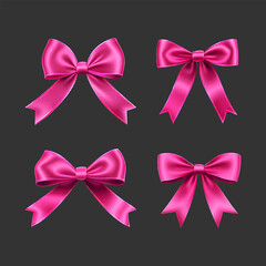 Set of decorative bright pink bows isolated on a dark background. Vector illustration