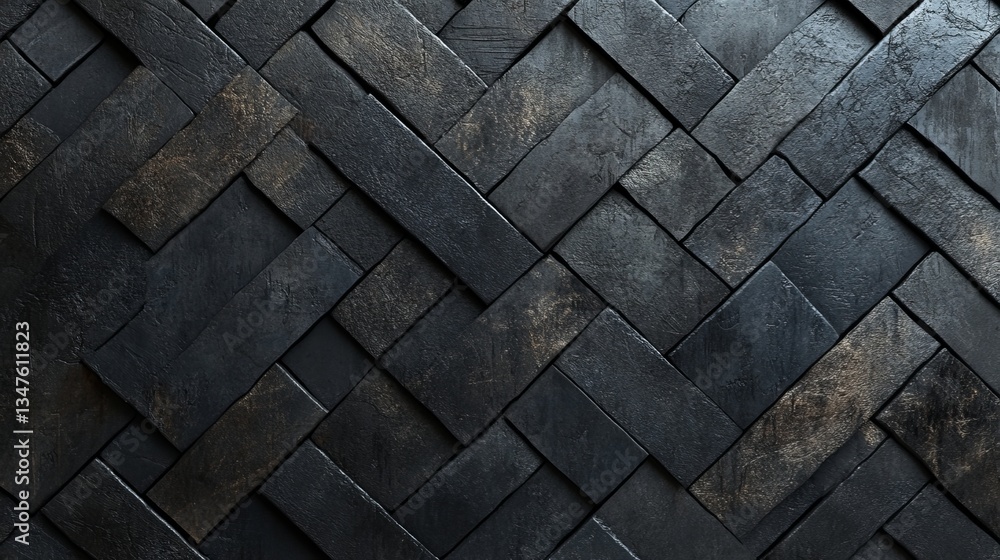 Poster herringbone and futuristic mosaic tiles are arranged as a wall, set against a background of stacked 
