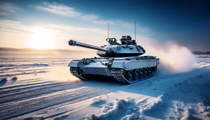 main battle tank driving across a frozen winter terrain 