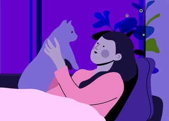 woman holding cat in living room.