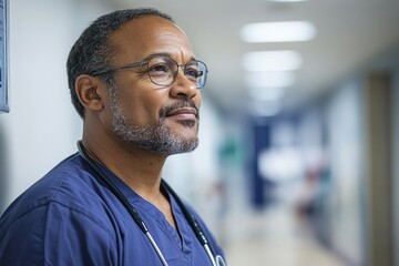 Fototapeta premium Confident Doctor in Hospital Hallway Looking Ahead