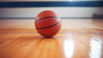 Naklejka premium Basketball ball on court close up with blurred arena in background