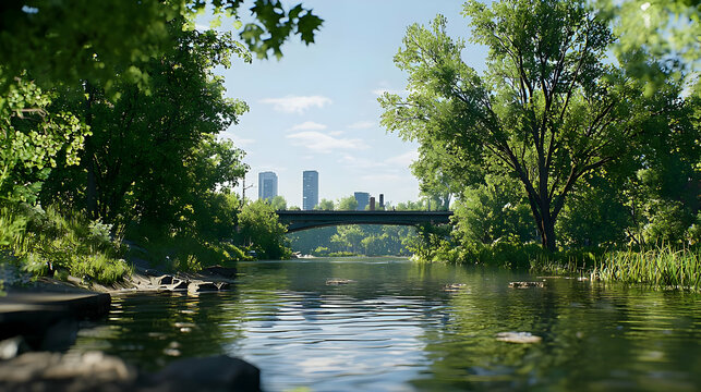 Green Trees Framing River Reflecting City Bridge And Blue Sky On A Sunny Day
