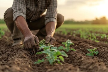 Farmer Carefully Weeding Young Plants in Sunrise Field