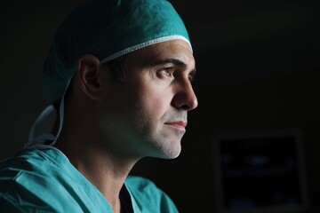 Focused Surgeon in Surgical Scrubs Contemplating