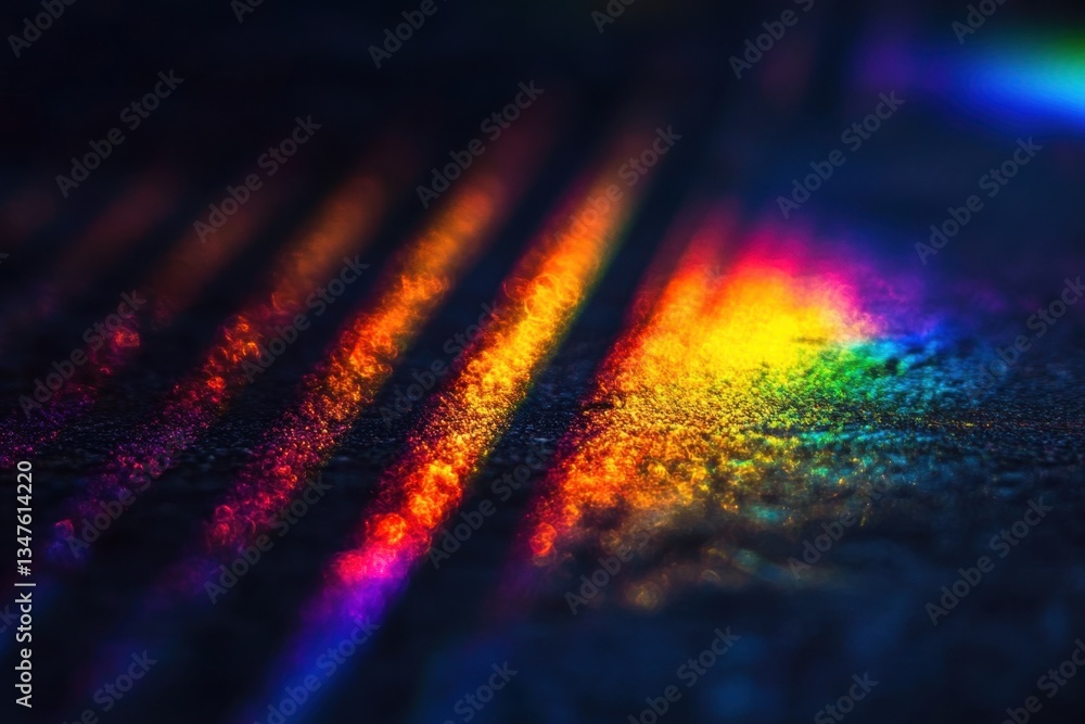 Poster close-up of defocused light with rainbow colors on a dark background abstract, blurred bokeh generat
