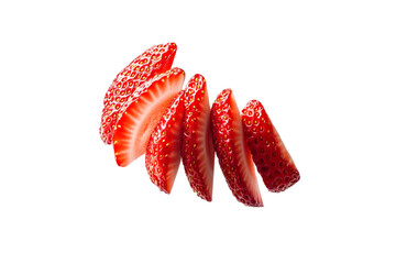 Fresh strawberry slices on black background, vibrant and juicy, cut out transparent