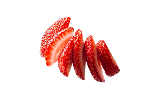 Fresh strawberry slices on black background, vibrant and juicy, cut out transparent