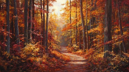 Obraz premium Autumn forest path, vibrant colors, sunlit trail, tranquil scene, artistic landscape, ideal for nature prints, fall foliage, peaceful moment