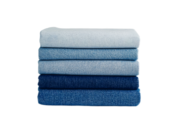 Stack of folded denim clothes, gradient shades of blue, cut out transparent