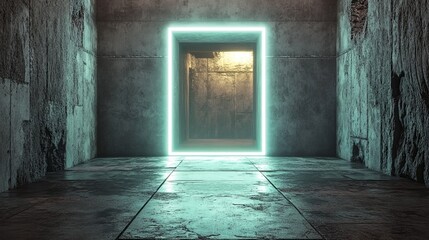 Obraz premium A 3D render presents a minimalist tech background that includes a raised square with an illuminated white edge, paired with a white surface featuring an embossed 3D shape