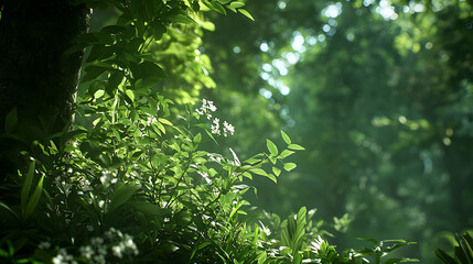 Lush Green Forest Canopy Illuminated By Bright Sunlight Through Dense Tree Branches