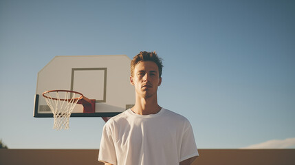 Young man standing in front of basketball hoop portrait