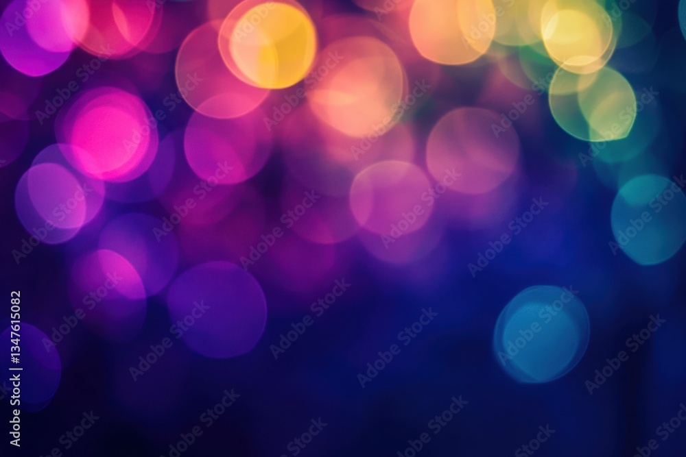 Poster a soft, blurry rainbow bokeh pattern over a dark purple background, creating an ethereal and dreamy 