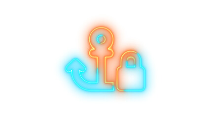Neon anchor lock symbol icon brown cyan color glowing with transparent background