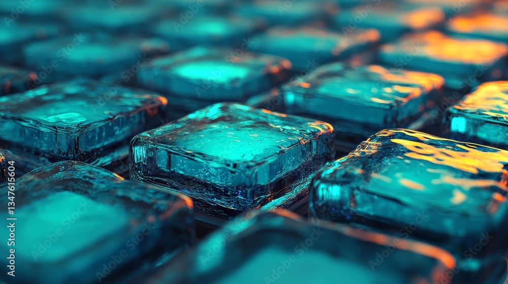 Poster blue, translucent blocks are neatly aligned to form a futuristic tech wallpaper, as shown in a 3d re