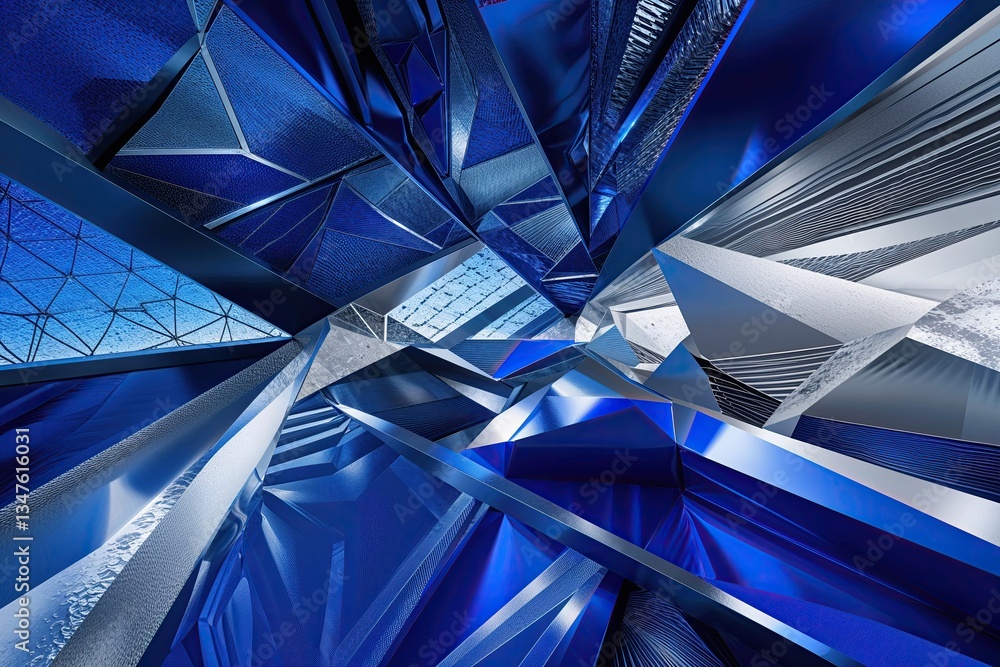 Poster vibrant cobalt and silver geometric panorama with intricate patterns and dynamic textures