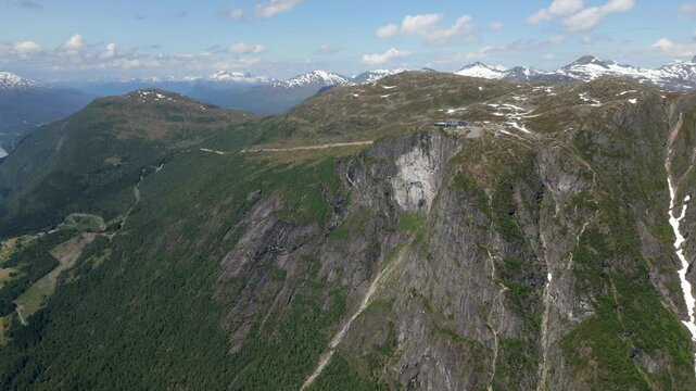 Aerial view, Panorama view over Loen and the inner part of nordfjord, Norway. Lovatnet lake from Leon skylift top in Norway. Olden Leon Norway Skylift Mountain, The village of Leon from Hoven summit, 