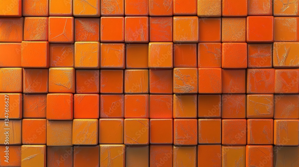 Poster glossy blocks in orange and yellow are arranged with precision against a futuristic tech background,