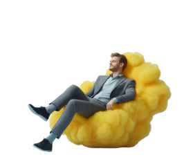 Creative pose of a man in a suit sitting on a vibrant yellow cloud backdrop