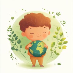 Little child holding planet earth. Earth day theme.
