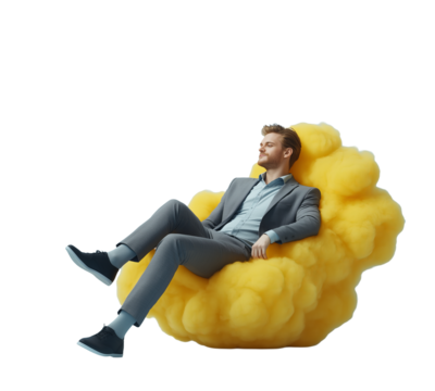 Creative pose of a man in a suit sitting on a vibrant yellow cloud backdrop