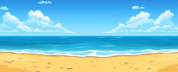 A serene summer beach lies empty, featuring bright blue water, evoking thoughts of vacation, trip, vacation, flight, and Ai generation