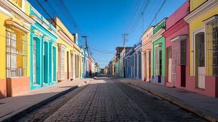 Fototapeta premium Colorful Row Houses along a Cobblestone Street in Bright Daylight Blue Sky Perspective View