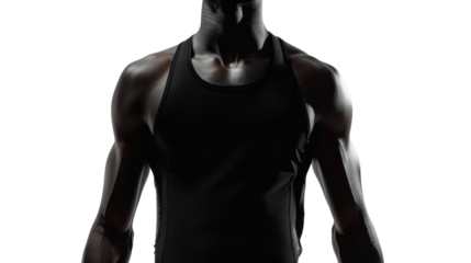 Muscular black athlete wearing black tank top on transparent background